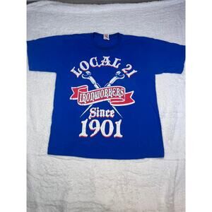 Local 21 Ironworkers Graphic T Shirt Blue Bayside Made in USA Size Large